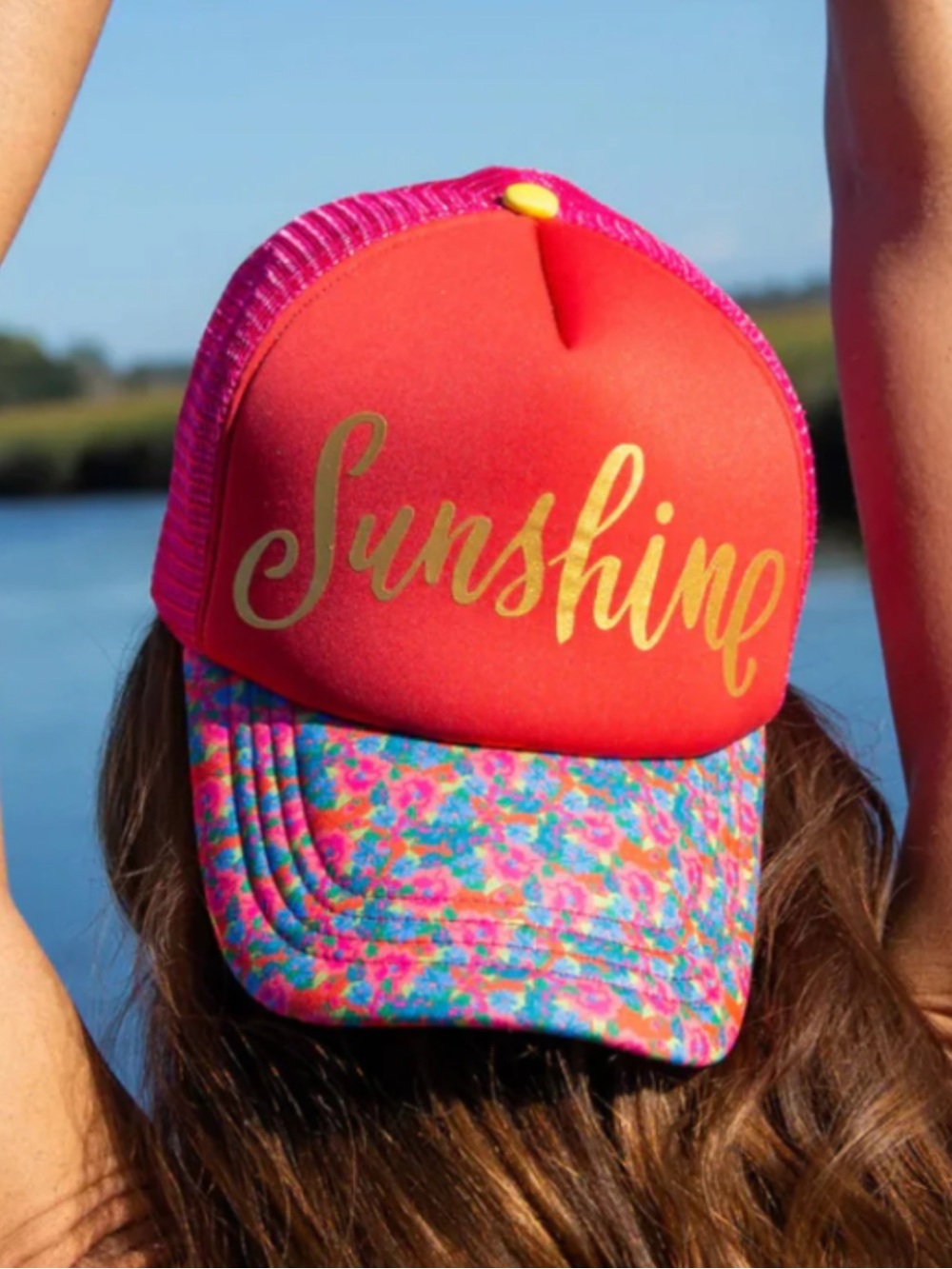 NEW Natural Life Sunshine Adjustable Trucker Hat One Size Coral Neoprene Floral